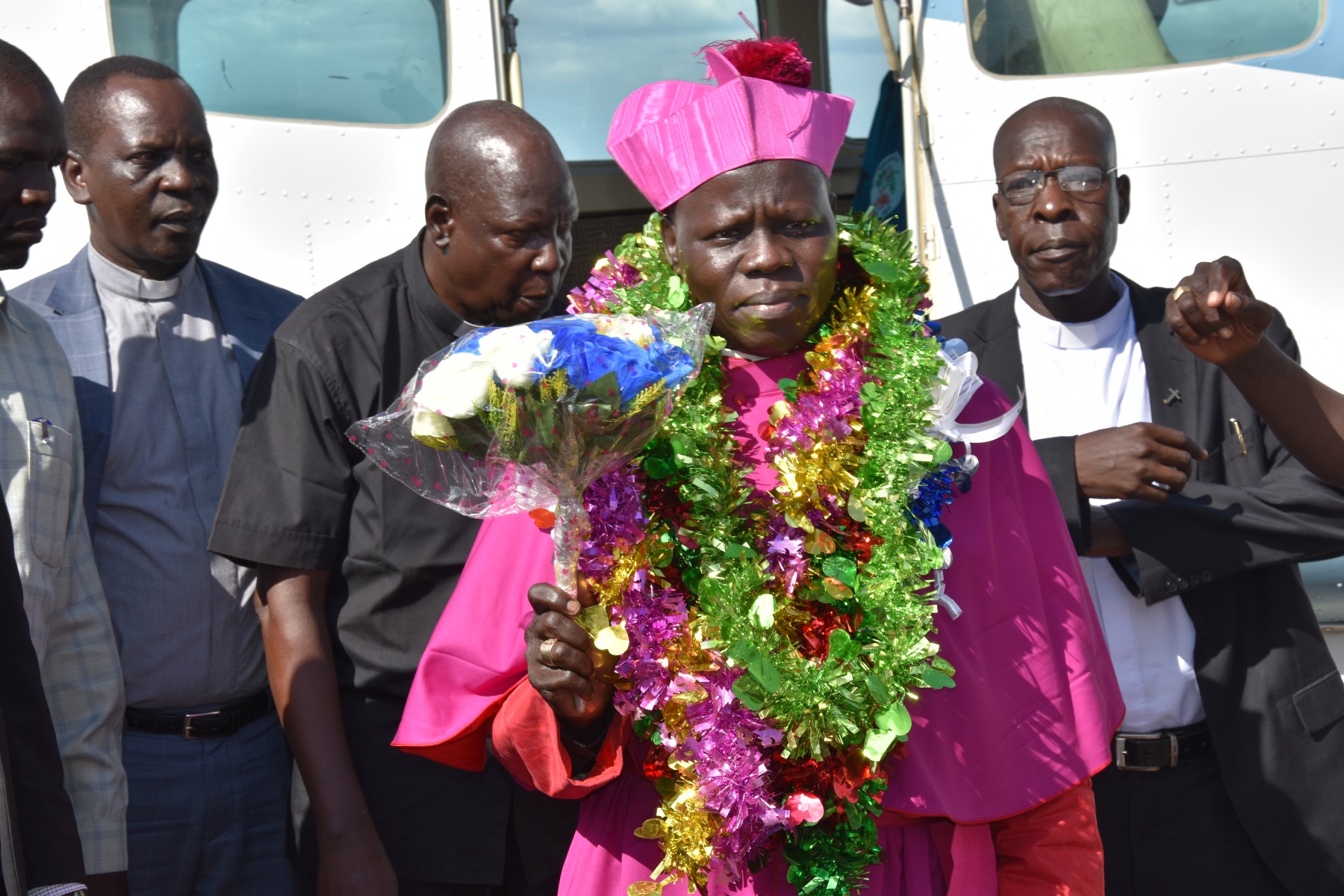 His-Grace-Stephen-Ameyu-Mulla-being-welcomed-At-The-Juba-International-Airport-by-the-members-of-the-Clergy